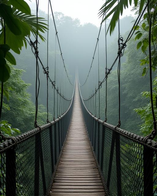 A sturdy hanging bridge stretching through a dense, misty Costa Rican rainforest canopy, inviting adventure.