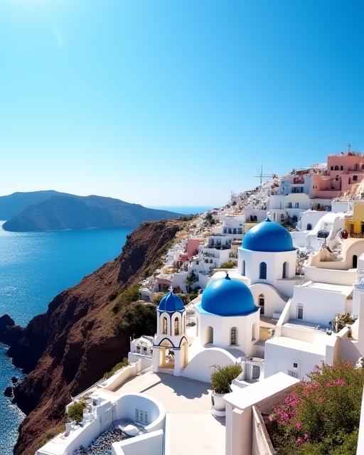 The iconic white and blue buildings cascading down a cliffside in Santorini, Greece, overlooking the Aegean Sea.