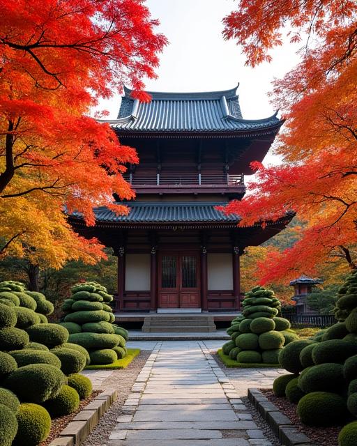 A historic temple with traditional Japanese architecture in Kyoto, Japan, set against the vibrant colours of autumn foliage.